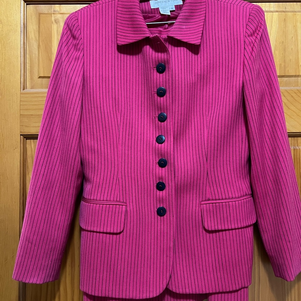 Vintage Jones New York Fuchsia Blazer Skirt Suit with Black Stripes 100% Wool